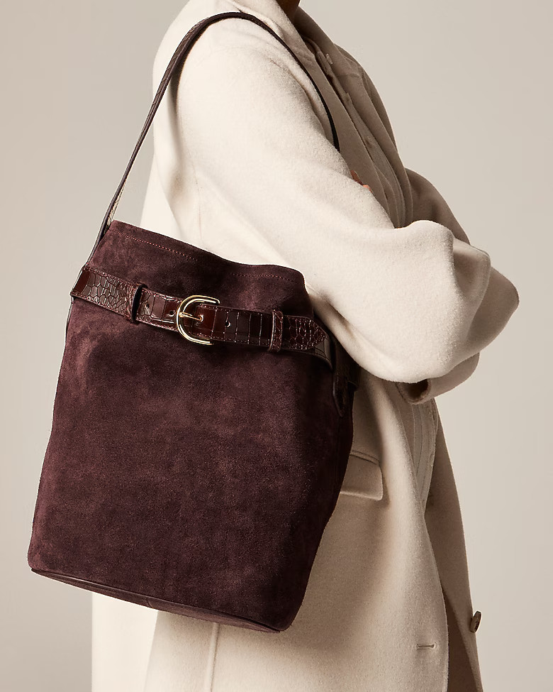 Berkeley belted bucket bag in suede and croc-embossed leather | J. Crew US