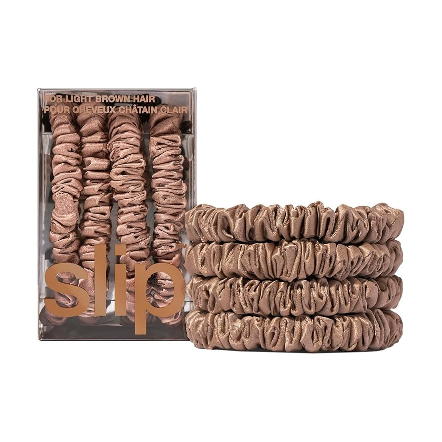 slip Silk Skinny Scrunchies - Light Brown | Set of 4 Skinny Scrunchies | 100% Mulberry Silk, Anti... | Amazon (US)