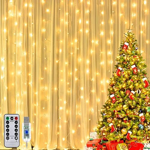 Ollny Curtain Lights - 200LED 6.6Ft Curtain String Lights 8 Modes Timer Remote Waterproof - USB P... | Amazon (US)