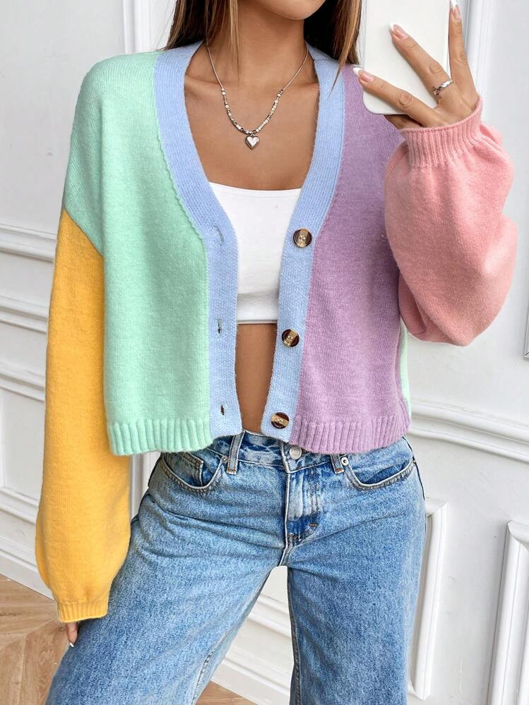 SHEIN Contrast Color Loose Cropped Cardigan, Sweet College Style Knit Sweater Jacket Fall Winter ... | SHEIN