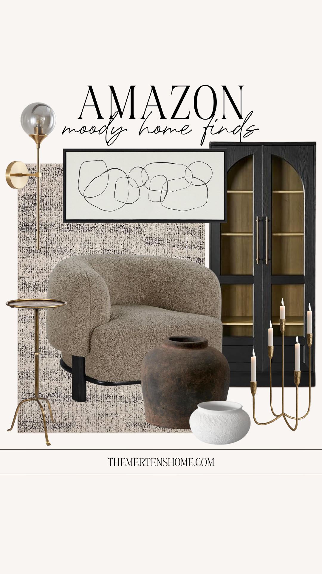 Moody home finds 🤍 Pieces with rich tones and cozy vibes that add depth to any room, from a statement cabinet and accent chair to a side table, art, rug, lighting, and layered decor that pull it all together. 

 #LTKHome