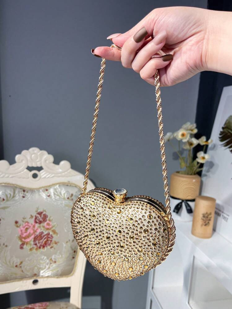 Rhinestone Heart-Shaped Shiny Clutch Bag, Elegant Party Purse, Fashion Ladies' Metal Chain Shoulder Bag Suitable For Party, Wedding | SHEIN