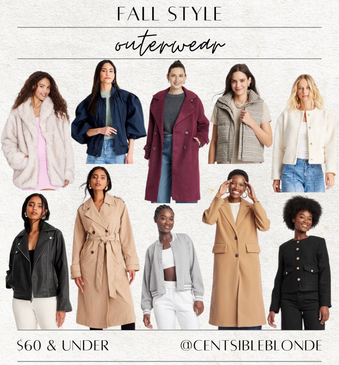 Outerwear
Jackets
Coats
Puffer vest
Lady jacket
Varsity jacket
Faux fur coat
Moto jacket 
Bomber jacket 
Trench coat

#LTKFindsUnder100 #LTKWorkwear #LTKTravel