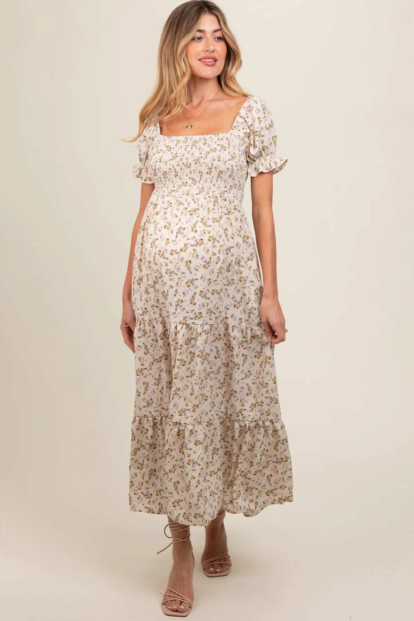 Cream Floral Smocked Square Neck Tiered Puff Short Sleeve Maternity Maxi Dress | PinkBlush Maternity