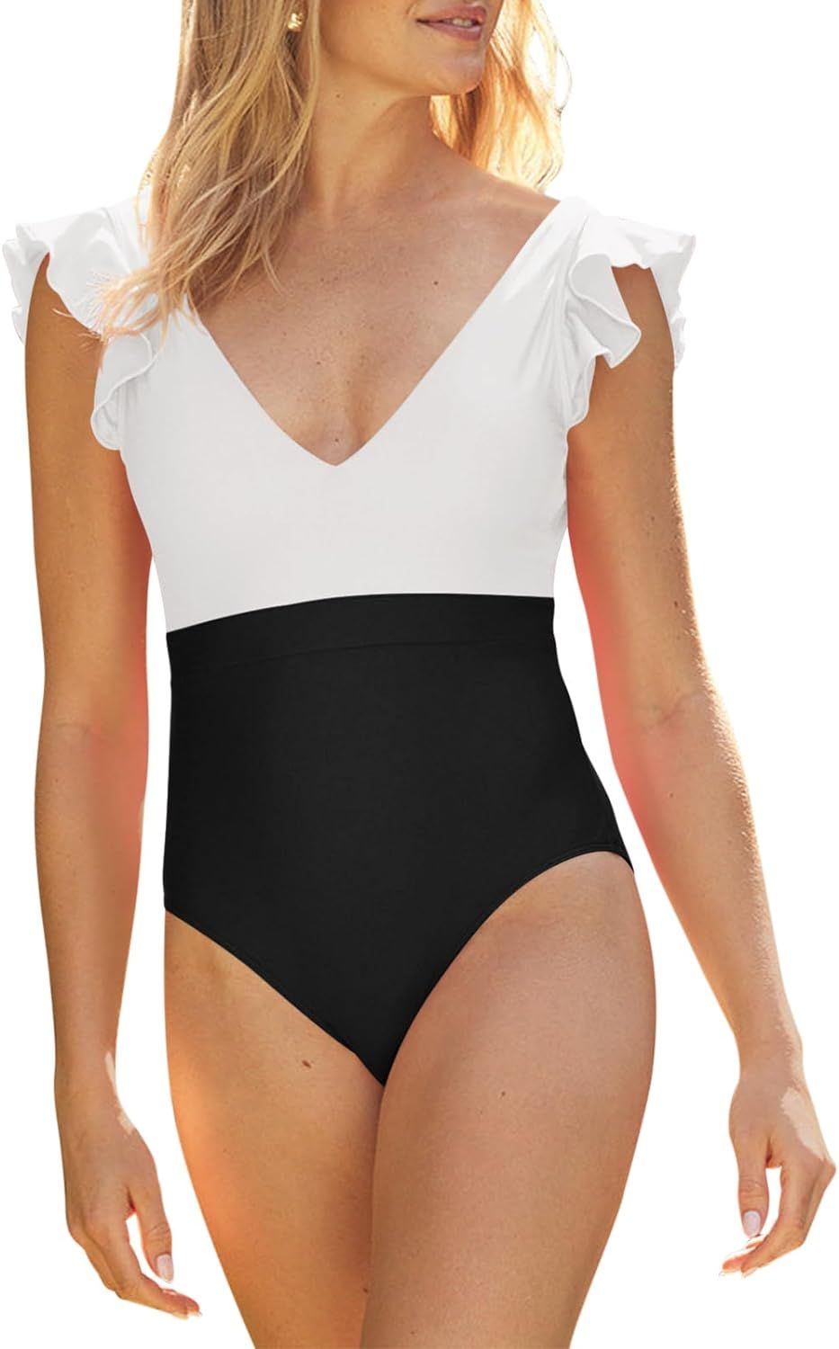 Saodimallsu Women's One Piece Swimsuits V Neck Ruffle Strappy Backless Tummy Control Swimwear Bat... | Amazon (US)