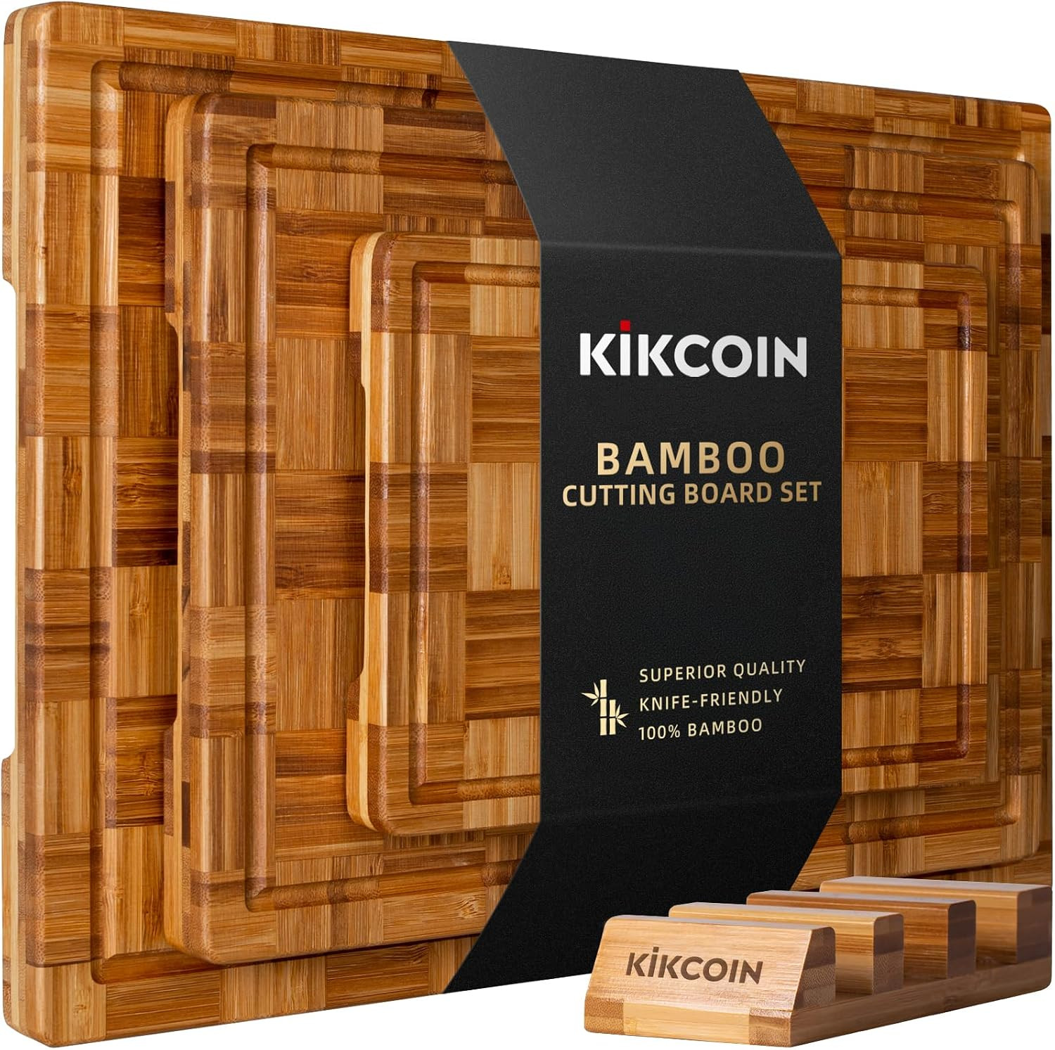Extra Large Bamboo Cutting Boards, (Set of 3) Chopping Boards with Juice Groove Bamboo Wood Cutting Board Set Butcher Block for Kitchen, End Grain Serving Tray by Kikcoin | Amazon (US)