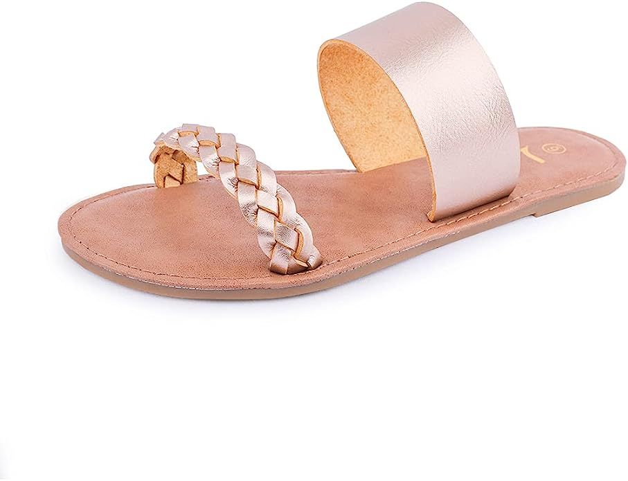 Women's Braided Slide Sandals Open Toe Two Strap Slip On Flat Sandals Casual Summer Shoes | Amazon (US)
