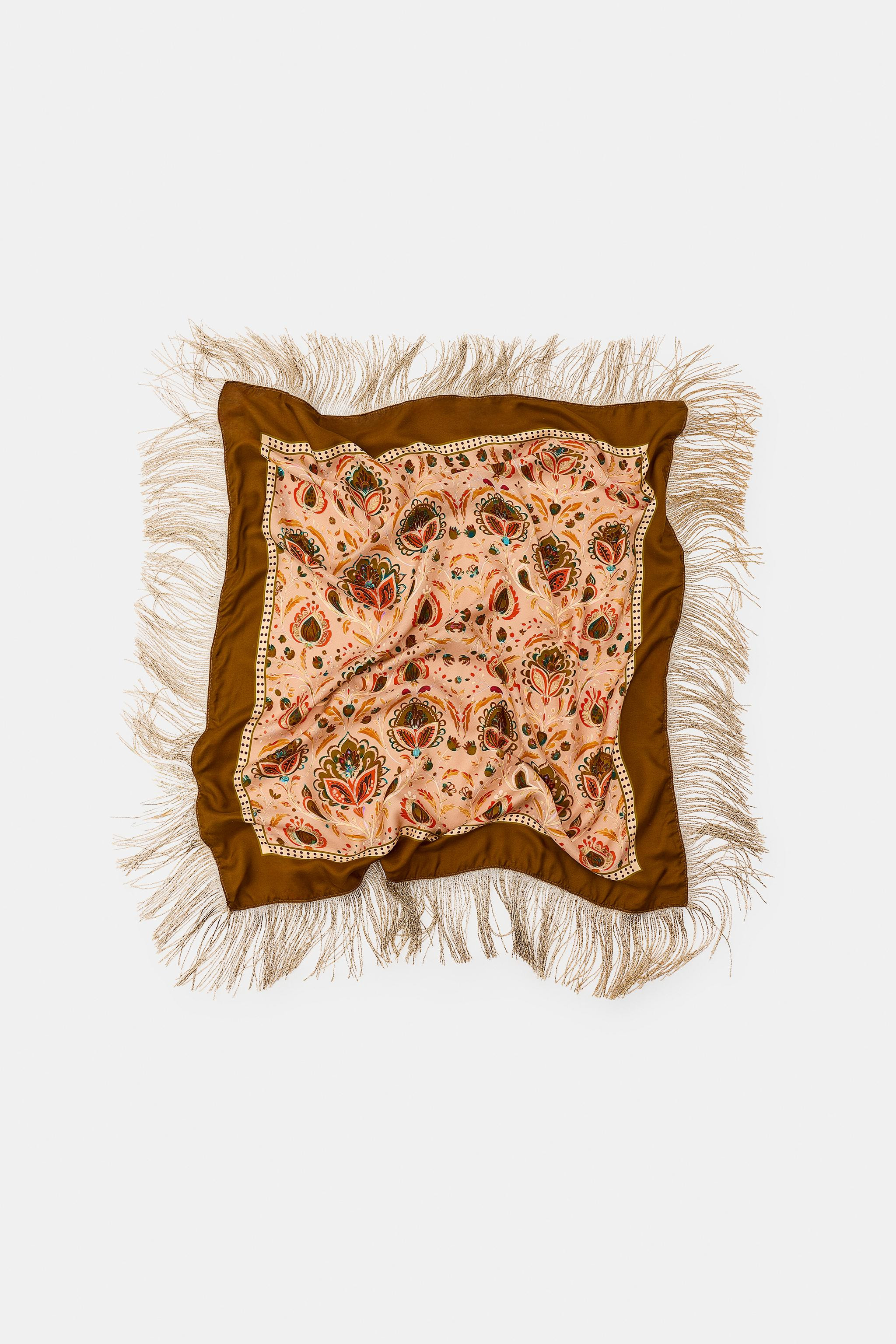 PRINTED SILK BLEND FRINGED SCARF | Zara US