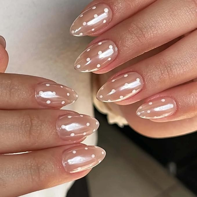Chrome Polka Dot Press on Nails Short Almond Fake Nails Cute Nude Nails Press ons with White Dots... | Amazon (US)