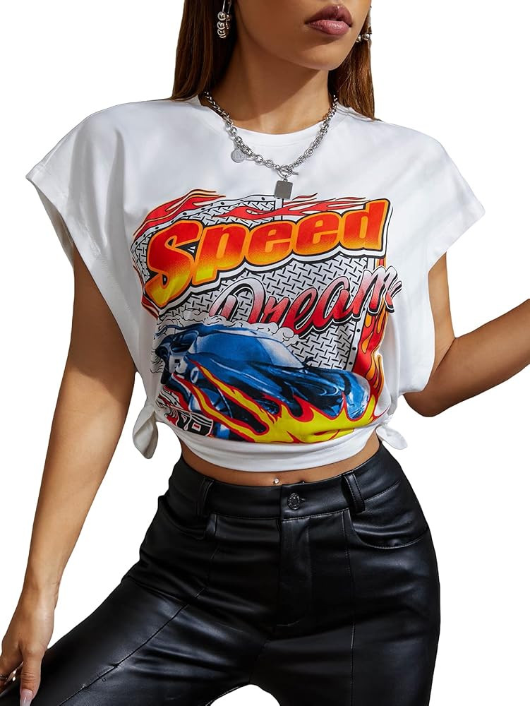 WDIRARA Women's Car Letter Graphic Print Batwing Cap Sleeve Round Neck T Shirt Crop Tee White M a... | Amazon (US)