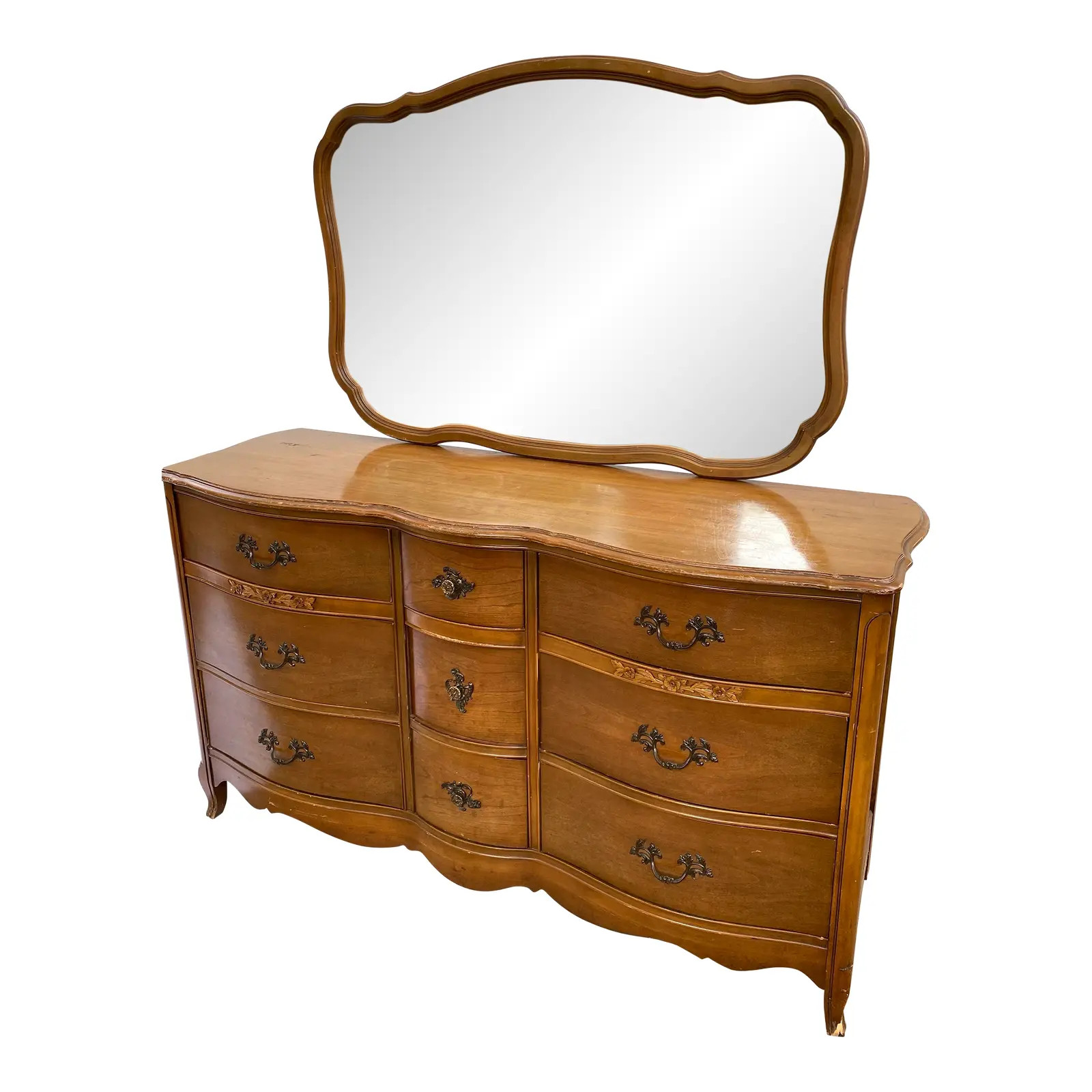 1960s Bassett Furniture French Provincial 9 Drawer Dresser With Mirror | Chairish