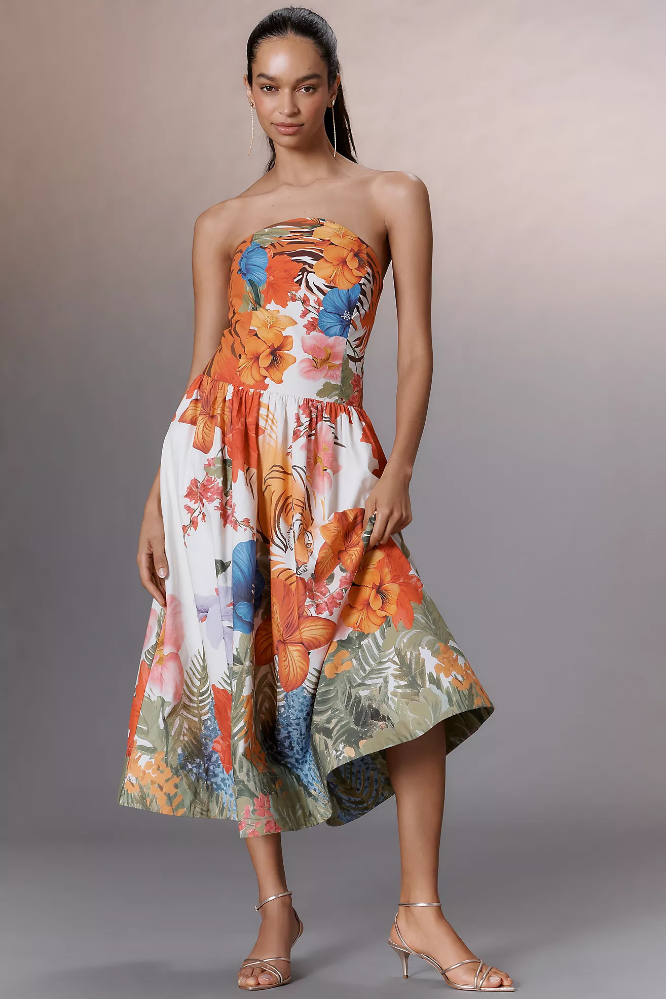 Maeve Strapless Tiger Printed Midi Dress | Anthropologie (US)