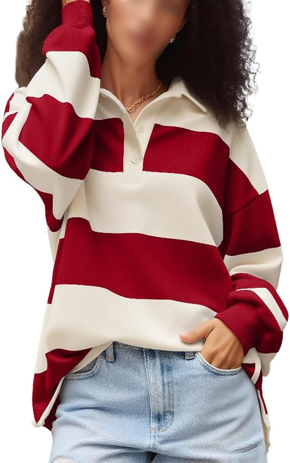 Y2k Women Striped Rugby Polo Shirt Long Sleeve Collared Oversized Vneck Sweatshirt Vintage Jersey... | Amazon (US)