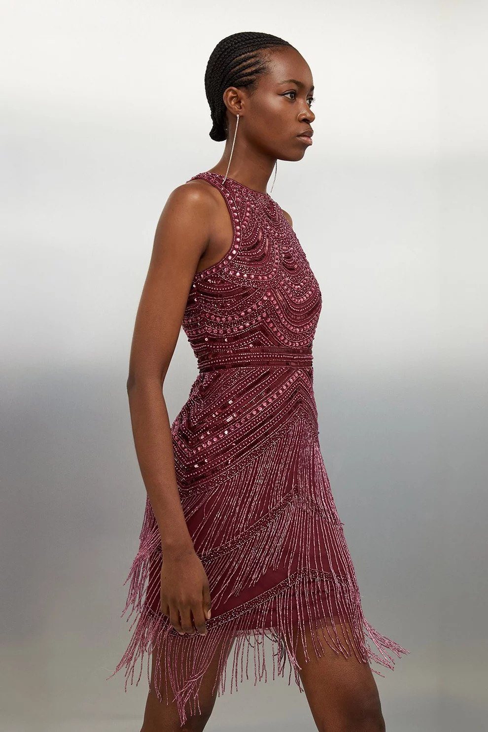 Halter Neck Beaded And Embellished Woven Fringed Mini Dress | Karen Millen | Karen Millen AUS
