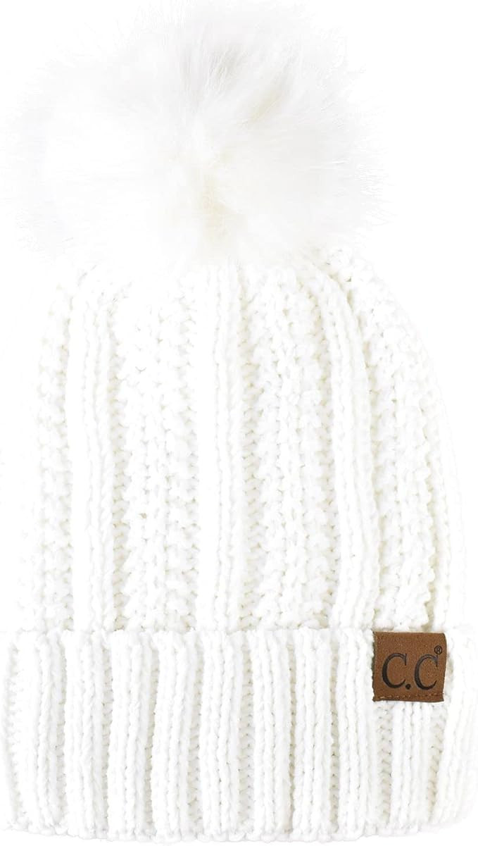 C.C Thick Cable Knit Faux Fuzzy Fur Pom Fleece Lined Skull Cap Cuff Beanie | Amazon (US)