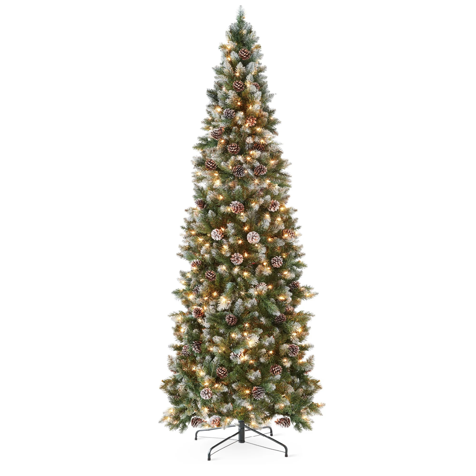 Best Choice Products 6ft Pre-Lit Partially Flocked Pencil Christmas Tree w/ 250 Lights, Pine Cones, Foldable Stand | Walmart (US)