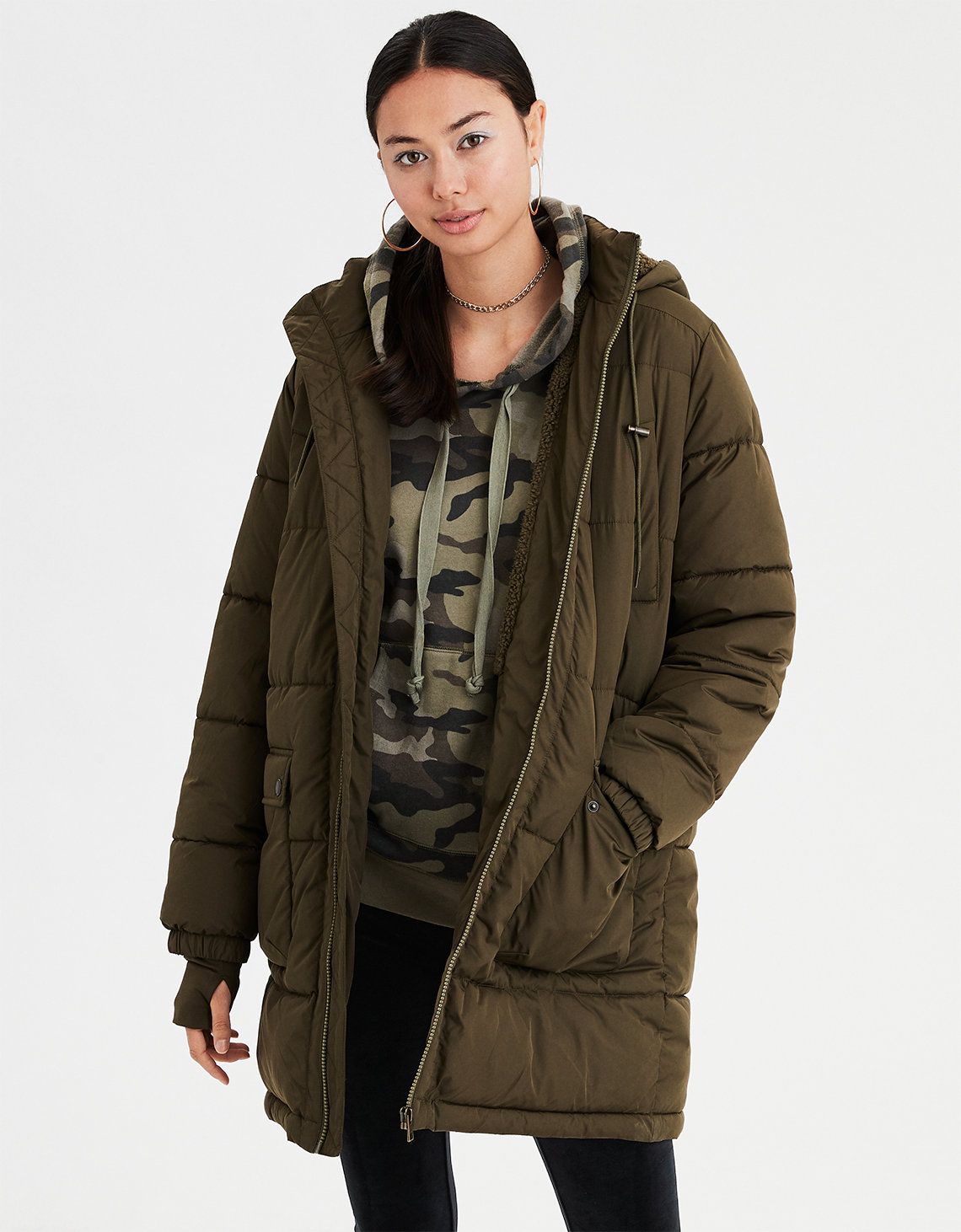 AE Long Puffer Jacket, Burgundy | American Eagle Outfitters (US & CA)