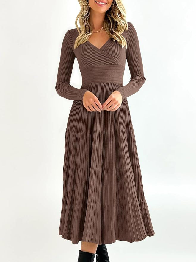 Saodimallsu Womens Long Sleeve Midi Sweater Dress Wrap V Neck Pleated A Line Fit Flare Elegant Kn... | Amazon (US)