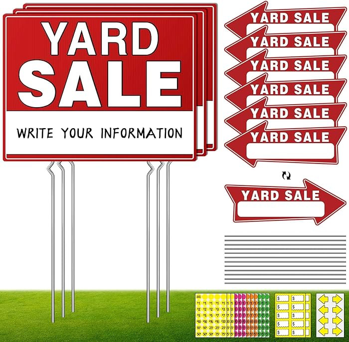 14pcs Yard Sale Signs, 17" x 13", Double Sided with Metal Stake, Pricing Stickers, Directional Ar... | Amazon (US)