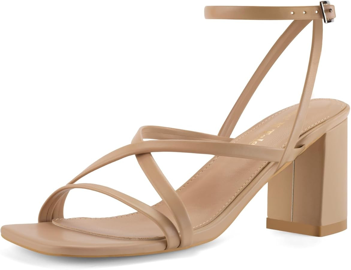 Shoe'N Tale Strappy Heels for Women Block Chunky Heels Open Square Toe Ankle Strap Buckle Sandals | Amazon (US)