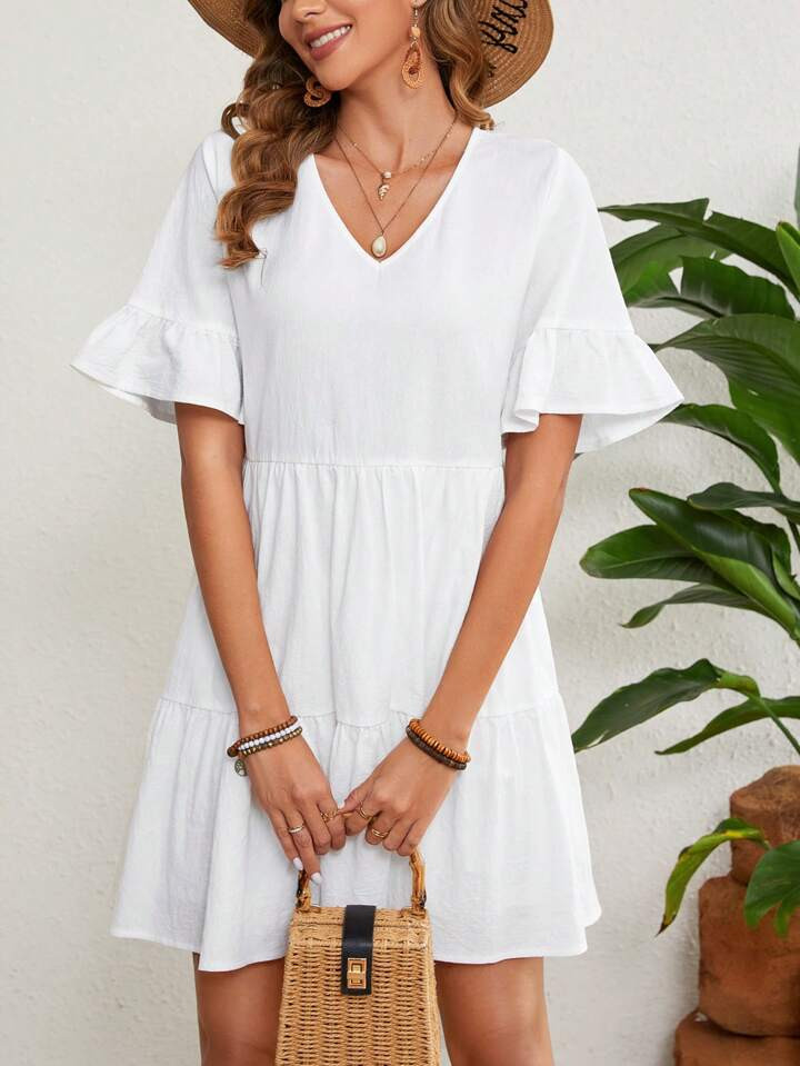 SHEIN VCAY Vestido Con Mangas De Volantes De Color Sólido Para Mujer | SHEIN