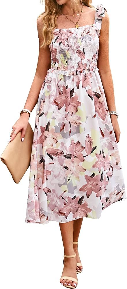 PRETTYGARDEN Women Summer Dresses 2023 Tie Strap Square Neck Smocked Ruffle Flowy Floral Print Boho  | Amazon (US)