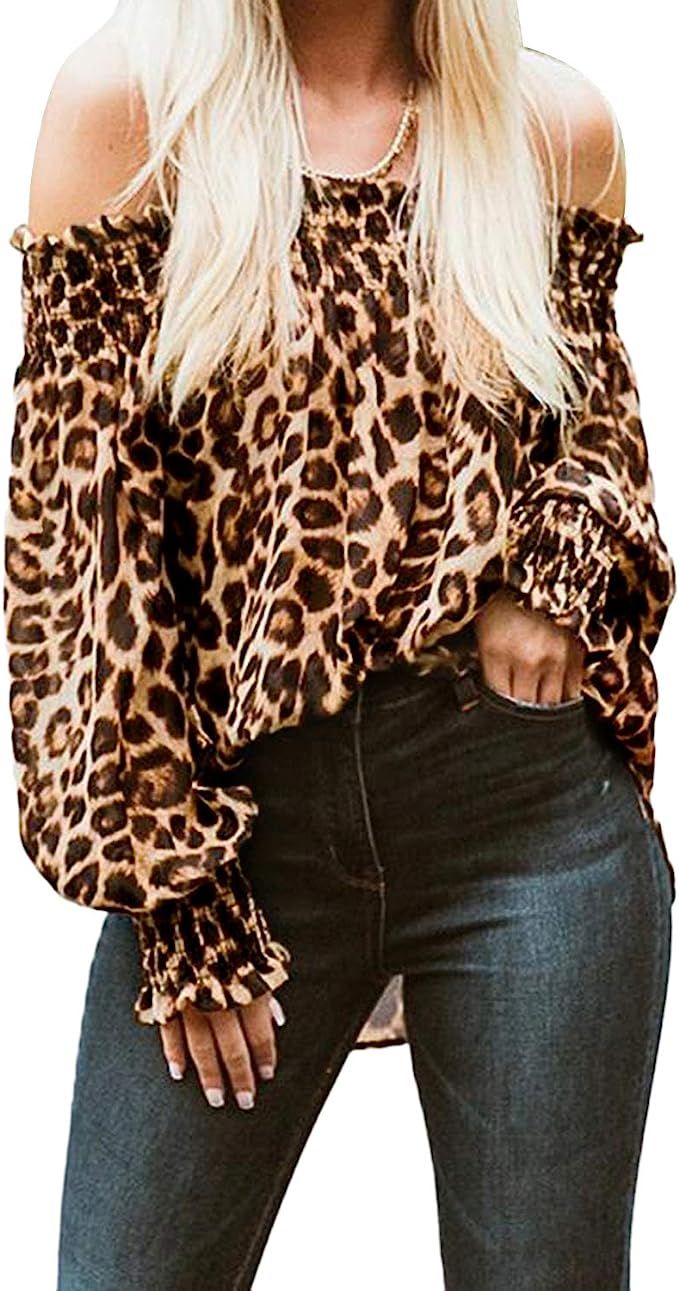 ZANZEA Women's Tops Off The Shoulder Tops Leopard Balloon Sleeves Casual Blouse Sexy Cute Tunic S... | Amazon (US)