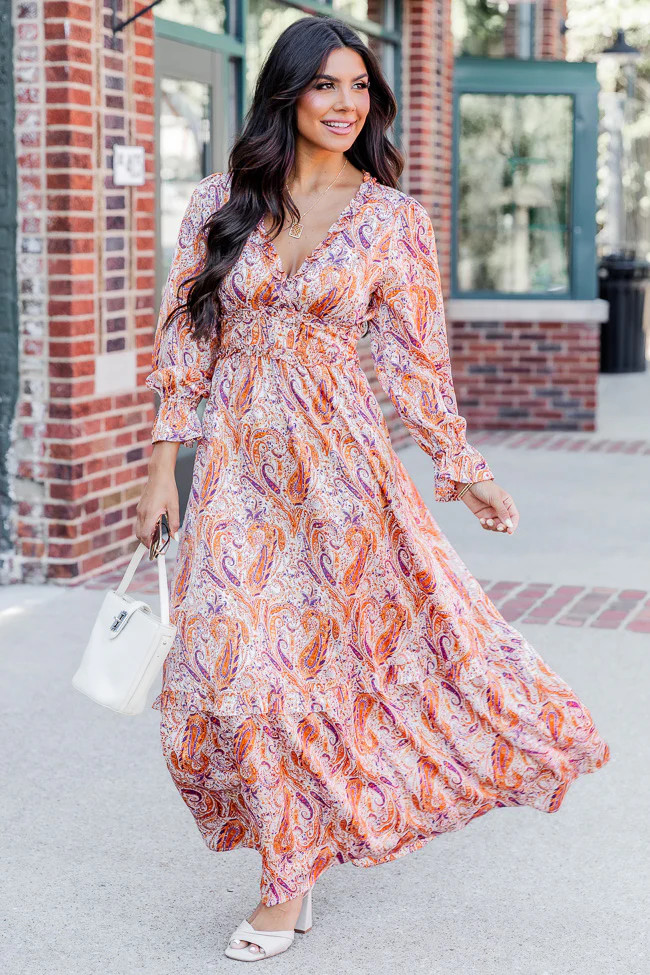 It's All A Dream Rust Multi Paisley Satin Ruffle Trim Maxi Dress FINAL SALE | Pink Lily