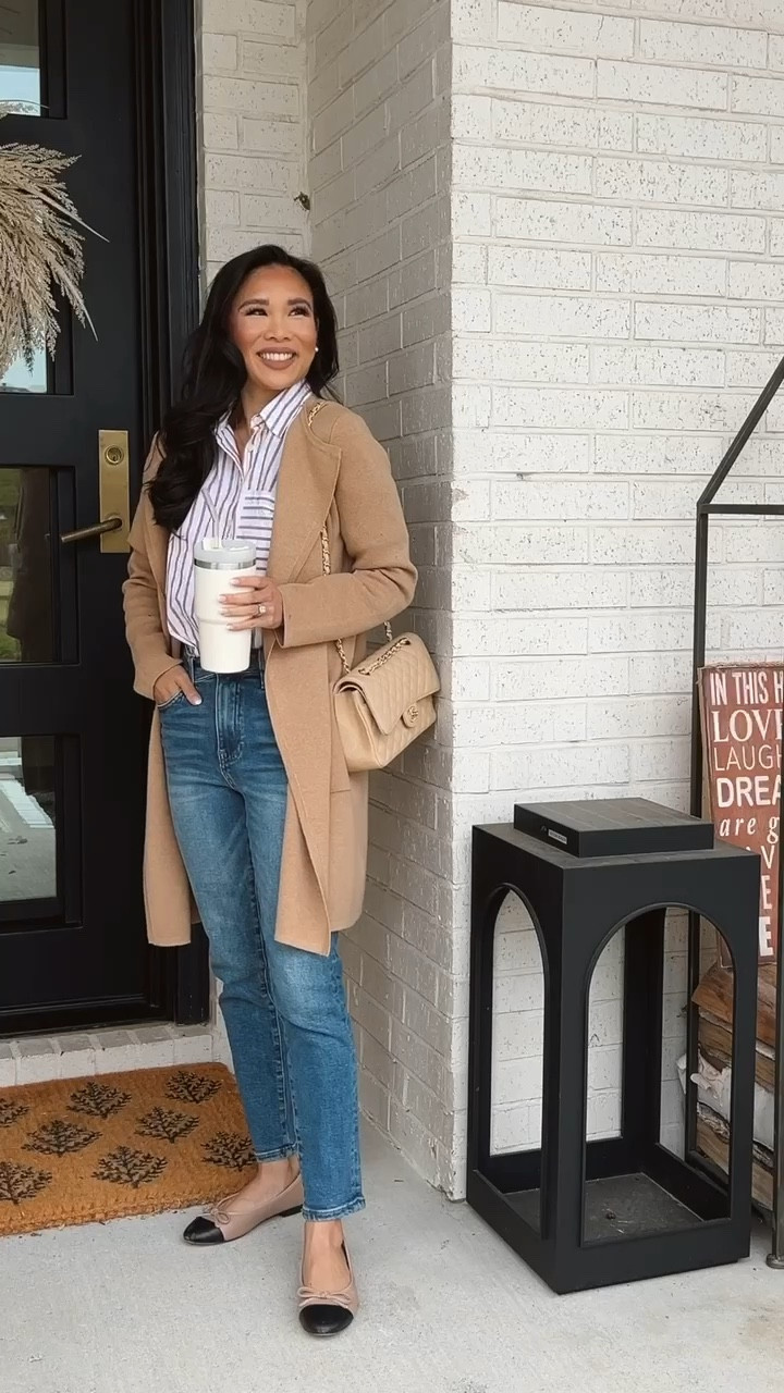 Autumn and fall outfit with petite striped oversized pocket shirt that is 40% off and in size XXS paired with straight jeans in 00, the coziest cardigan blazer in size XXS that is 40% off and flats for a chic look. Perfect for fall and autumn outfits! 

#LTKSeasonal #LTKSaleAlert #LTKStyleTip