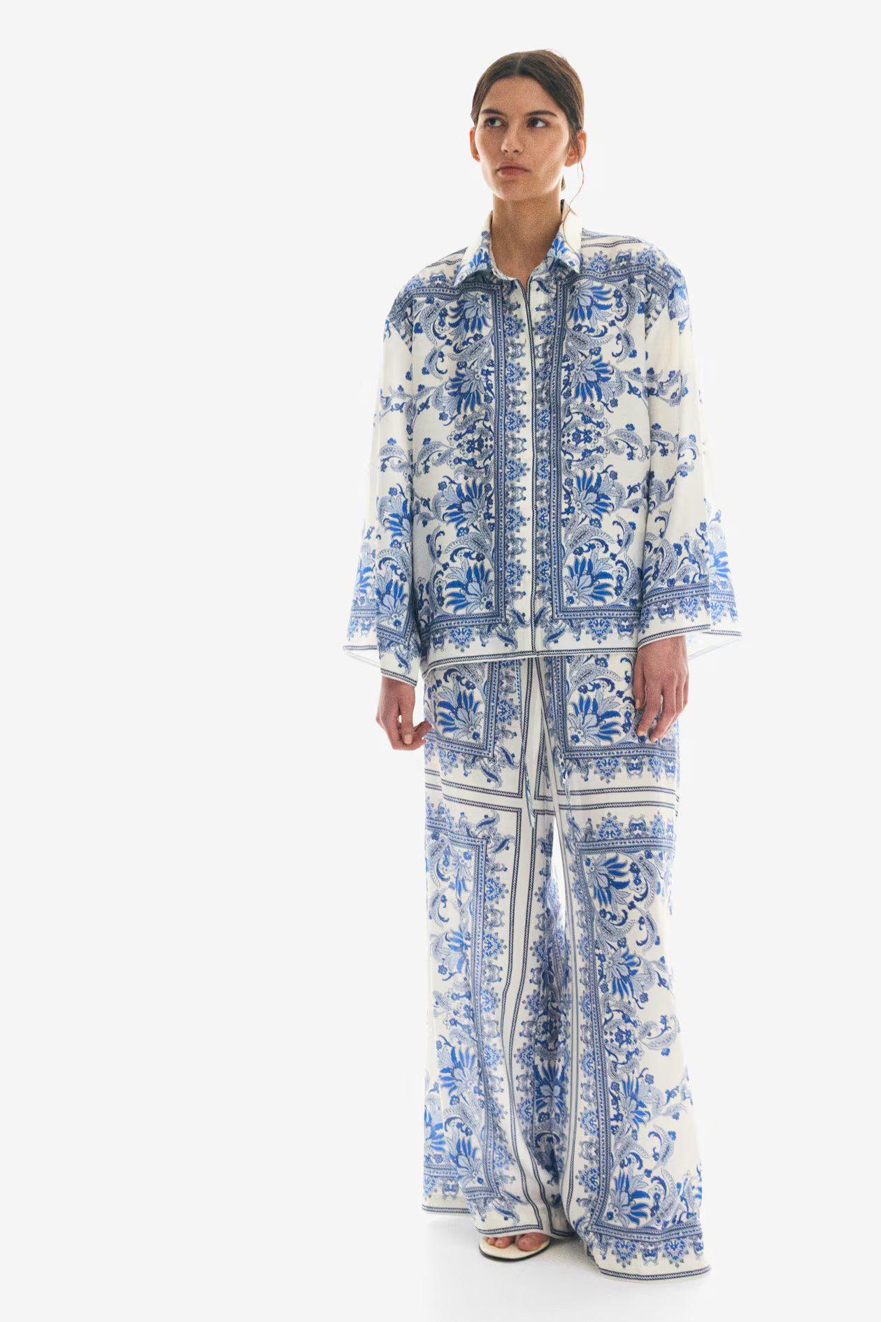 Wide drawstring trousers - White/Paisley-patterned - Ladies | H&M GB | H&M (UK, MY, IN, SG, PH, TW, HK)