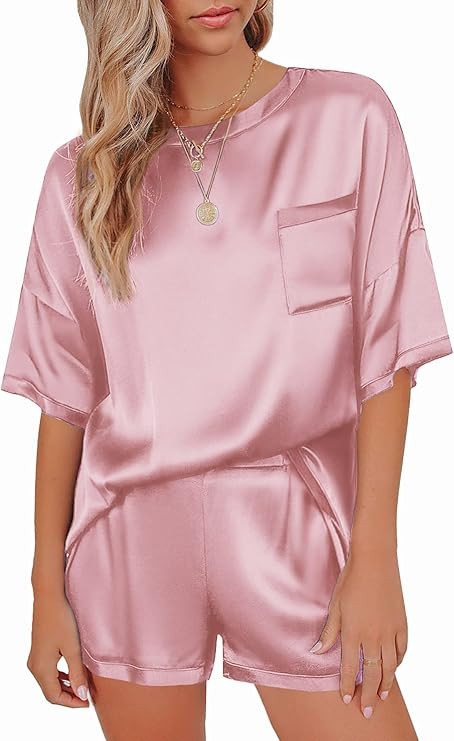 Ekouaer Satin Pajamas for Women Short Sleeve Silk Pajama Sets Soft Sleepwear Top with Causal Pj S... | Amazon (US)