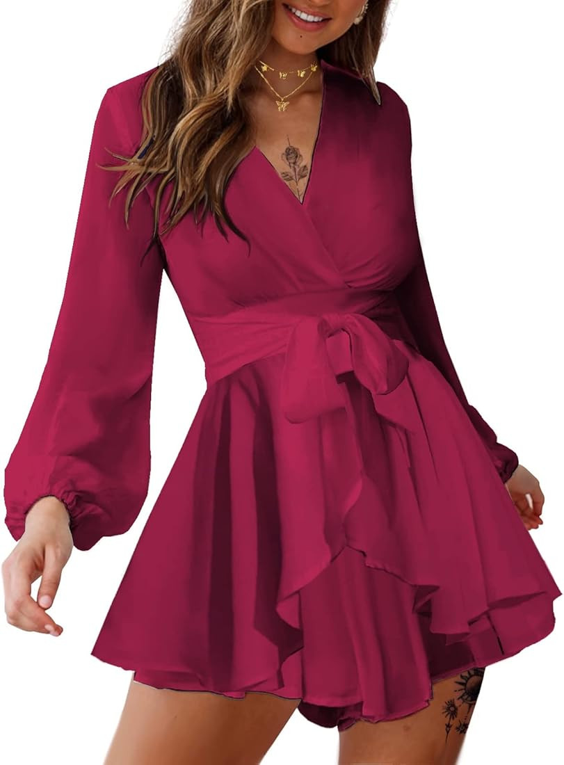 EXLURA Women's Dressy Jumpsuit V Neck Waist Belt Long Puff Sleeve Ruffle Flowy Wrap Jumpsuits Clu... | Amazon (US)