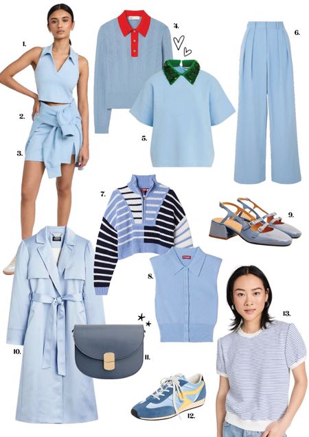Spring Fashion Trends - Icy blue is the “it” color for spring. A few favorites: the soft blue slingback shoes, light blue trench coat, and polo shirt with sequin collar. 

#LTKover40 #LTKmidsize #LTKstyletip