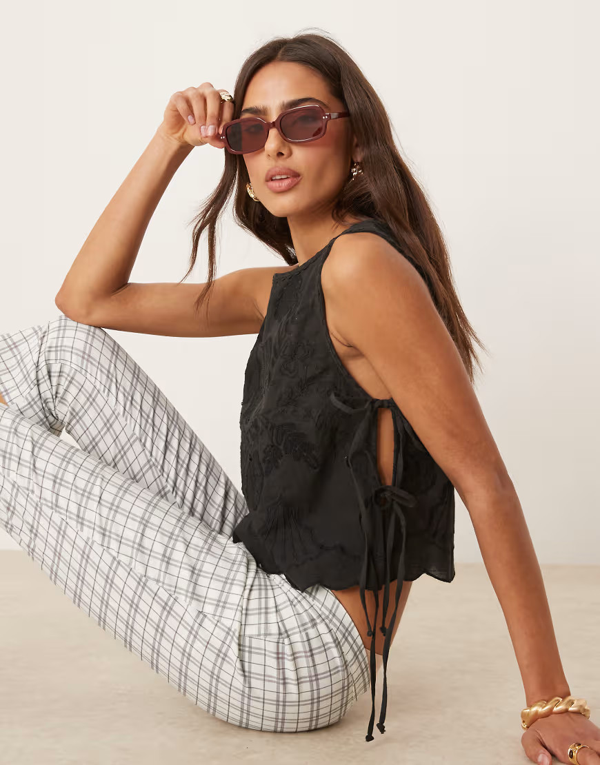 Free People embroidered detail tie-side tank in black | ASOS (Global)