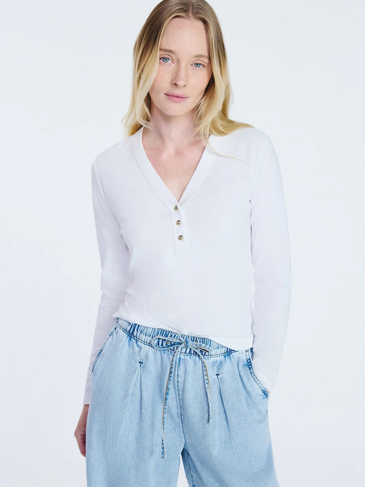 Free Assembly Women's V-Neck Henley with Long Sleeves, Sizes XS-XXL | Walmart (US)