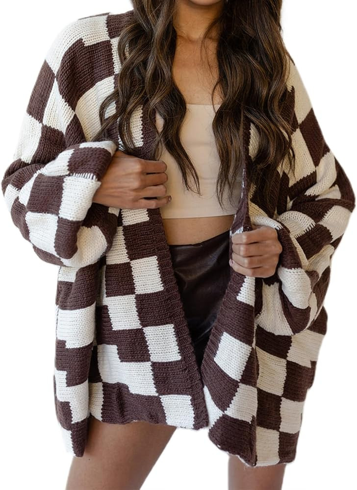 Womens Checkered Cardigan Sweater Loose Long Sleeve Open Front Sweater Knit Coat Casual Oversized... | Amazon (US)
