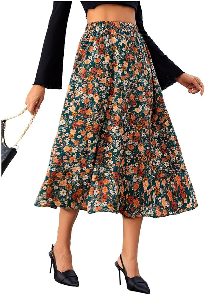 Milumia Women's Vintage Printed A Line High Waist Flare Flowy Casual Midi Skirts | Amazon (US)