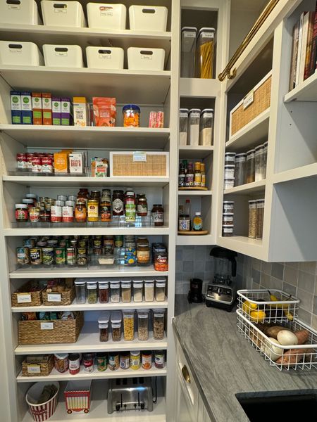 Shop this organized pantry. The white and natural bins/baskets create a warm look. 
#pantryorganization
#pantrystorage

#LTKhome #LTKsalealert