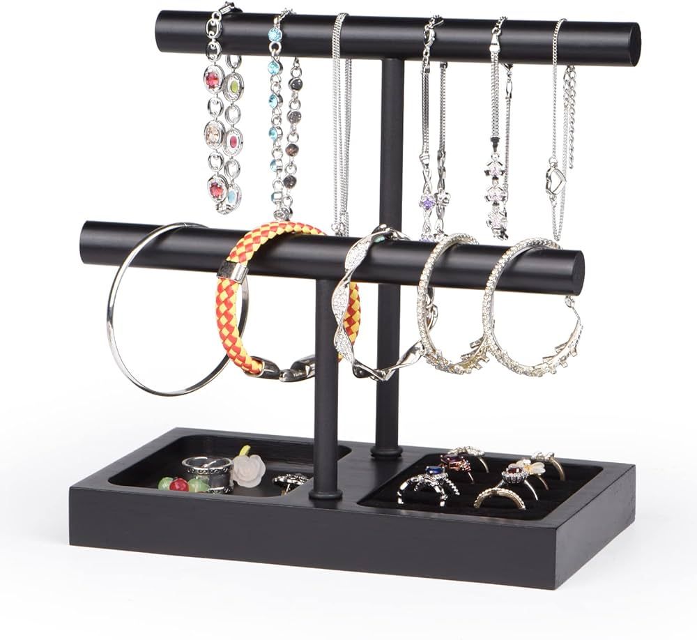 SZQINJI Jewelry Holder Organizers Bracelet Display Stand, Solid Wood Base with 2 Tier Metal T-bar... | Amazon (US)
