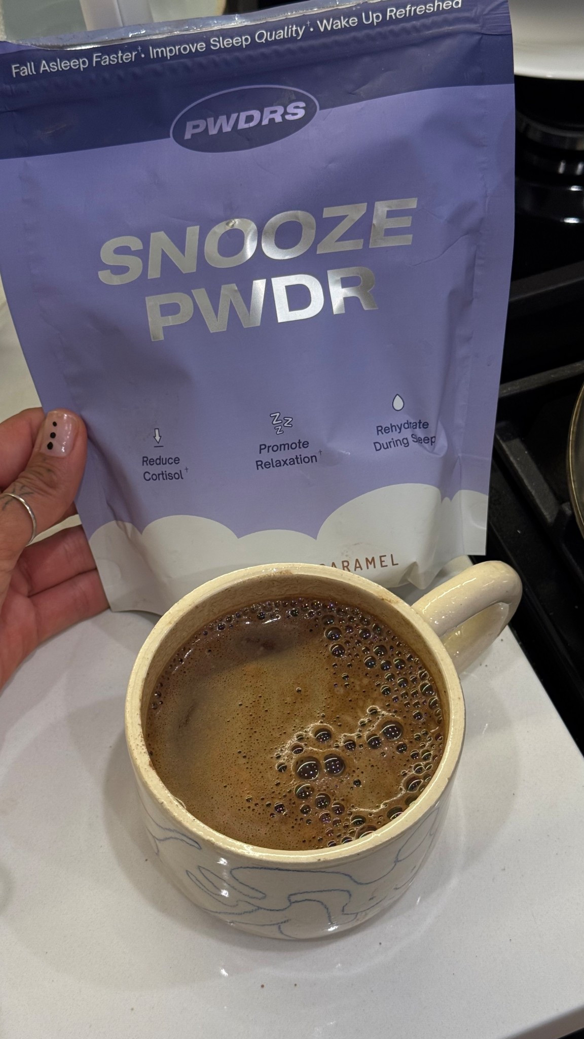 At night, when I’m craving something sweet, I make myself this hot chocolate it even helps me sleep better 
Ingredients: Chamomile, Magnesium, and L-Theanine are powerful natural compounds known for their ability to improve sleep quality 