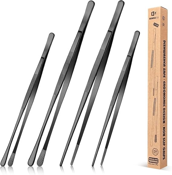 4 Pcs Fine Long Tweezer Tongs Professional Black, 12'' and 10'' Stainless Steel for Kitchen, Food... | Amazon (US)