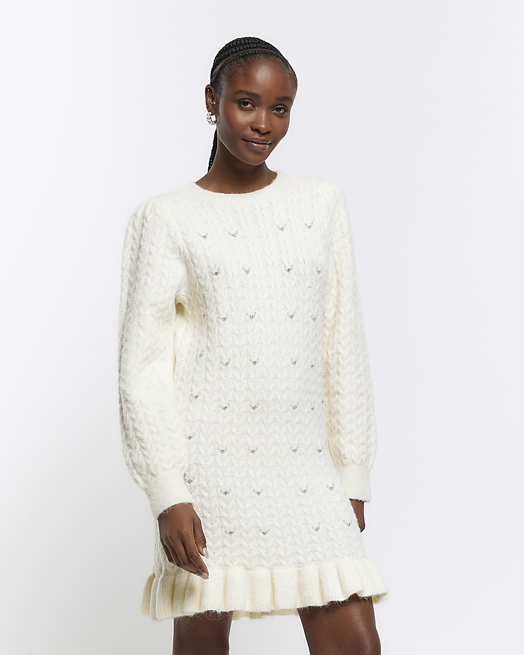 Cream cable knit jumper mini dress | River Island (UK & IE)