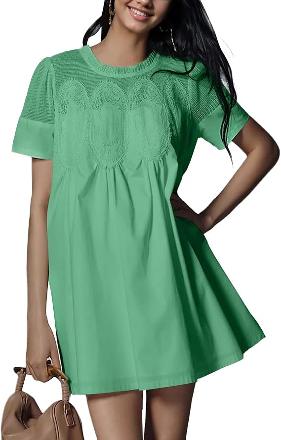 Womens Summer Lace Mini Babydoll Dress Ruffled Collar Short Sleeve Loose Mesh Swing Elegant Flare... | Amazon (US)