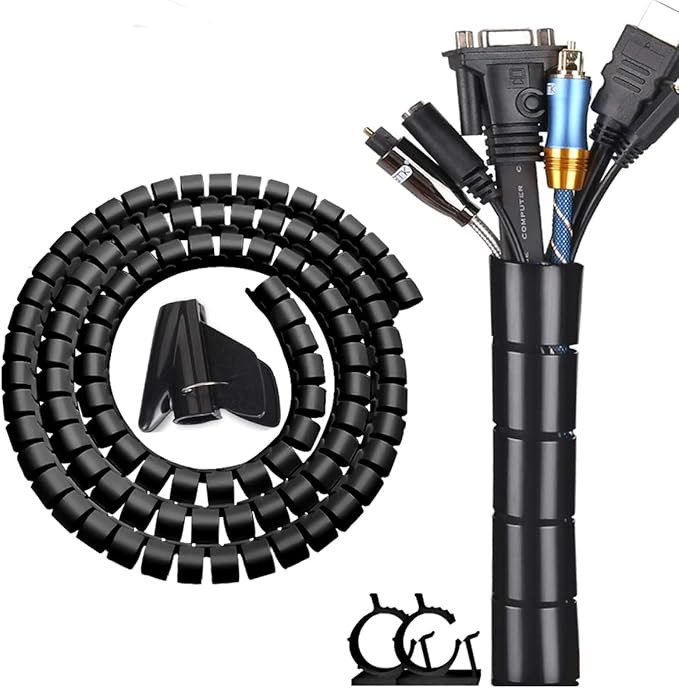 Black Computer Cable Management Sleeve Tube Under Desk Cord Organizer, 7/8 inch -5 ft Cover Wrap ... | Amazon (US)