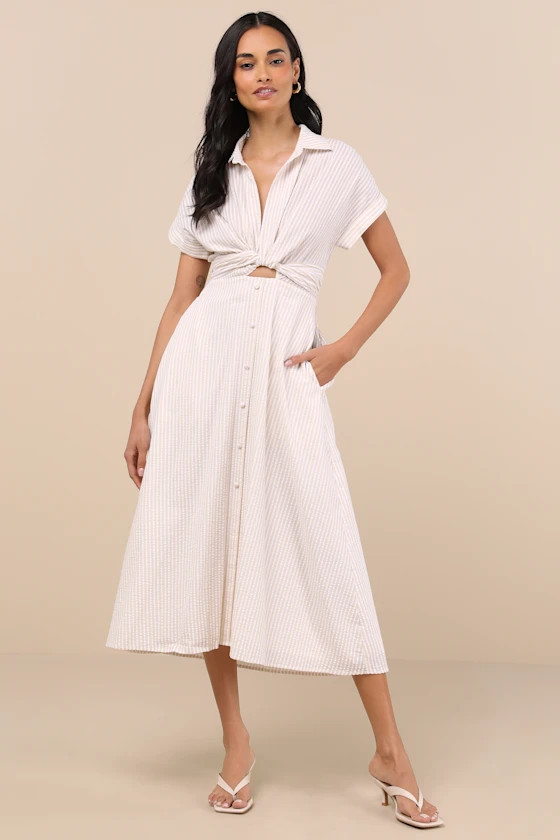Adorable Impression Beige and White Midi Dress With Pockets | Lulus