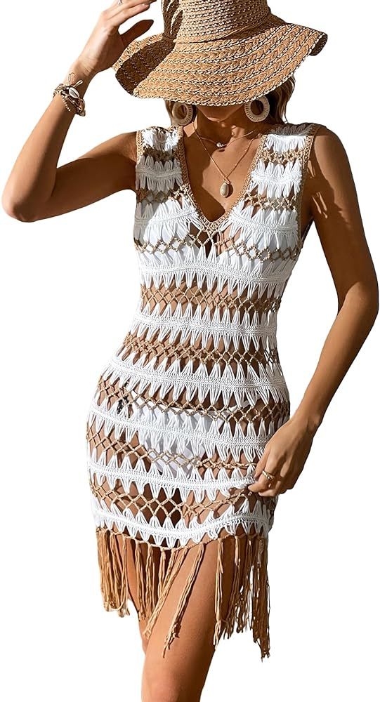 Verdusa Women's Hollow Out Crochet Sleeveless Fringe Swimsuit Dress Beach Cover Up | Amazon (US)
