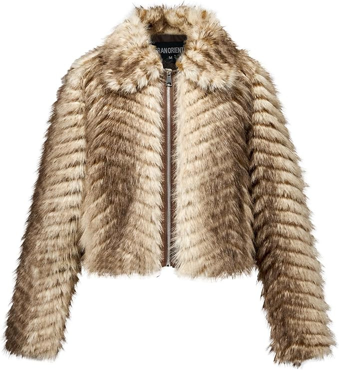GRAN ORIENTE Women Faux Fur Leopard Print Cropped Jacket,Fleece Fluffy Leather Lined Zip Up Coat | Amazon (US)