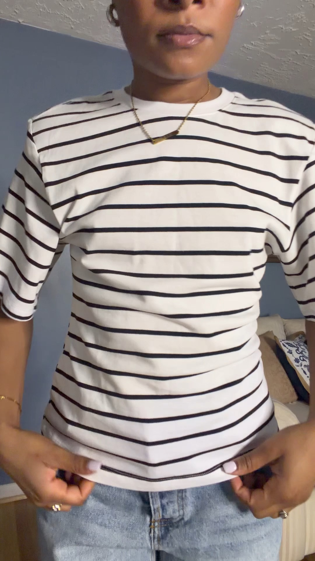 A classic stripe t-shirt with a twist! It has shoulder pads and is cinched at the waist. I’m wearing a size small.

#LTKootd #LTKgrwm #LTKSeasonal