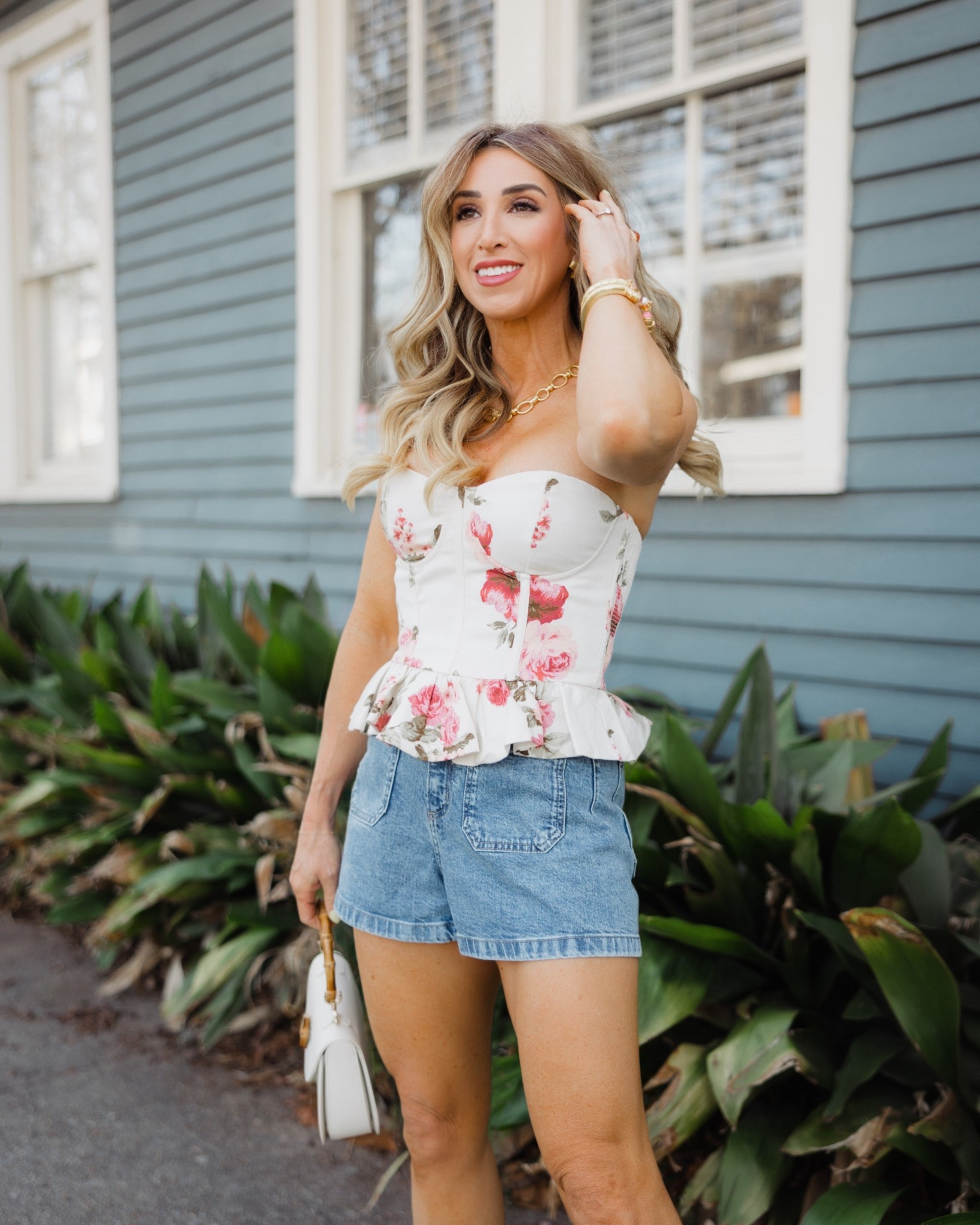 Grab this floral top for spring before it sells out! Elastic on the back with a zipper. Size up one. Use code JANUARYSAVE30. 
@VICI 

Spring outfits 2026, floral strapless top, date night outfit, denim shorts

#LTKgrwm #LTKootd #LTKPetite