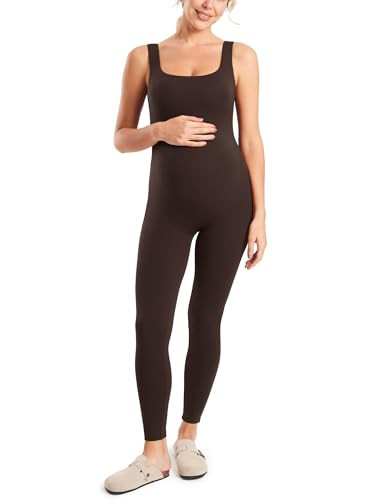 MOMANDA Maternity Jumpsuit Workout Romper for Pregnancy Seamless Leggings Bodysuit Sleeveless Square Neck Tank Top Hot Fudge Brown X-Small | Amazon (US)